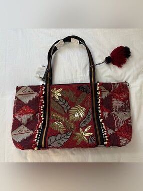 NWT American And Beyond EMBELLISHED TOTE RED FLORAL Boho Beaded Duffle